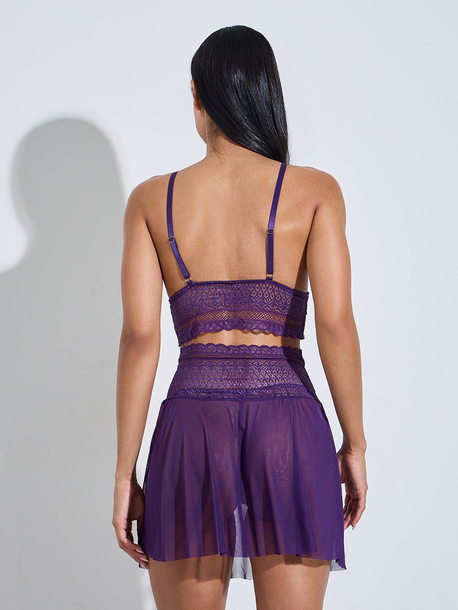 Pack of 3 - Purple Lace Details Bralette, Skirt and Brief 