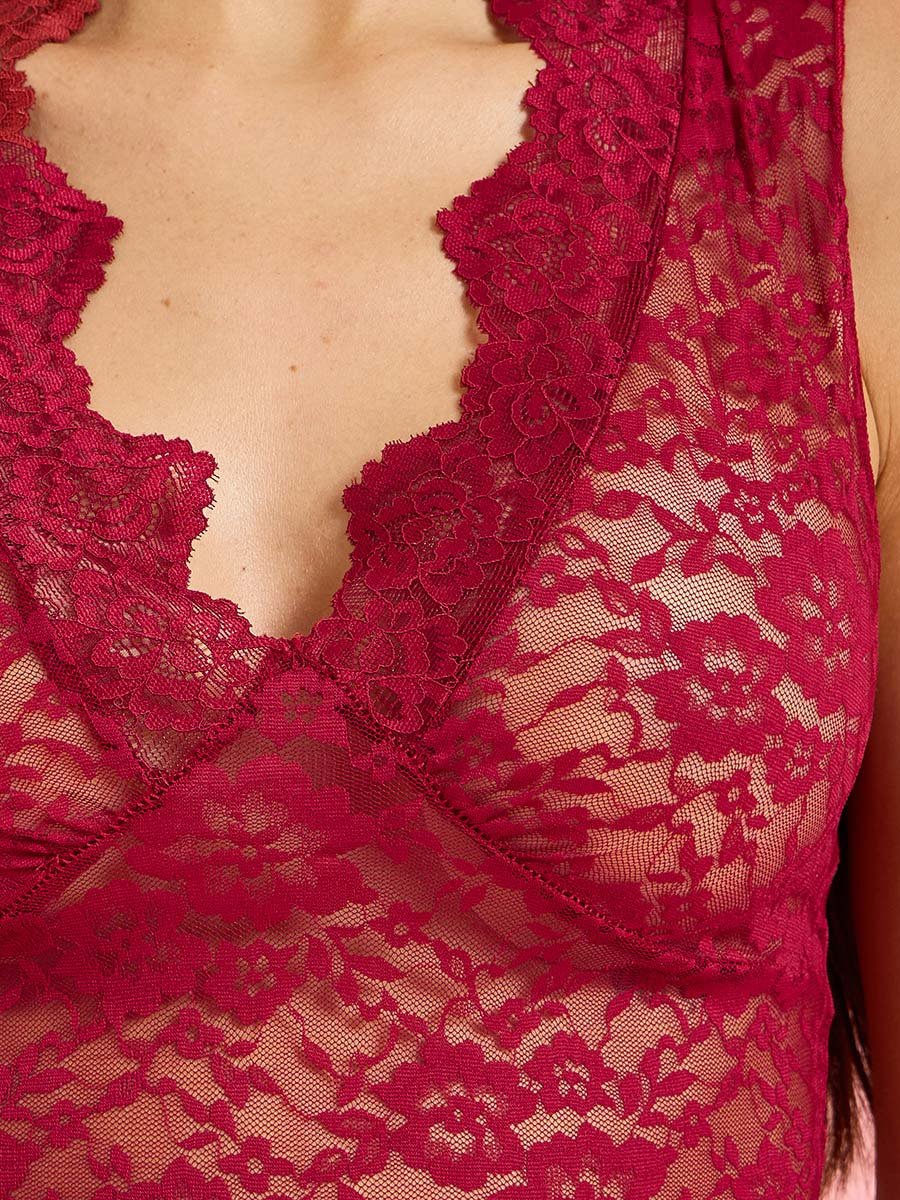 Burgundy V Neck Lace Fitted Slip with Brief
