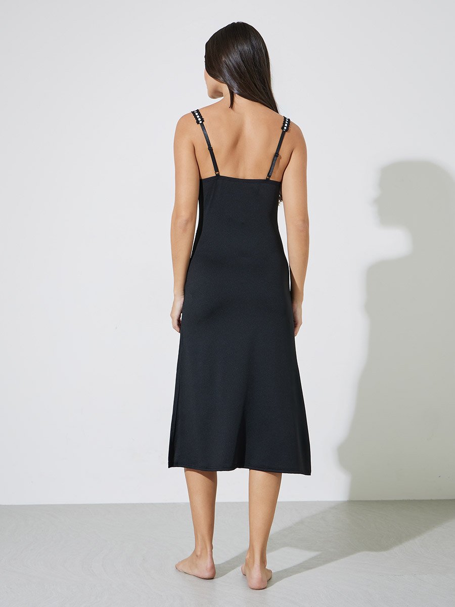 Black Contrast Trim Slip with High Slit and Brief Set