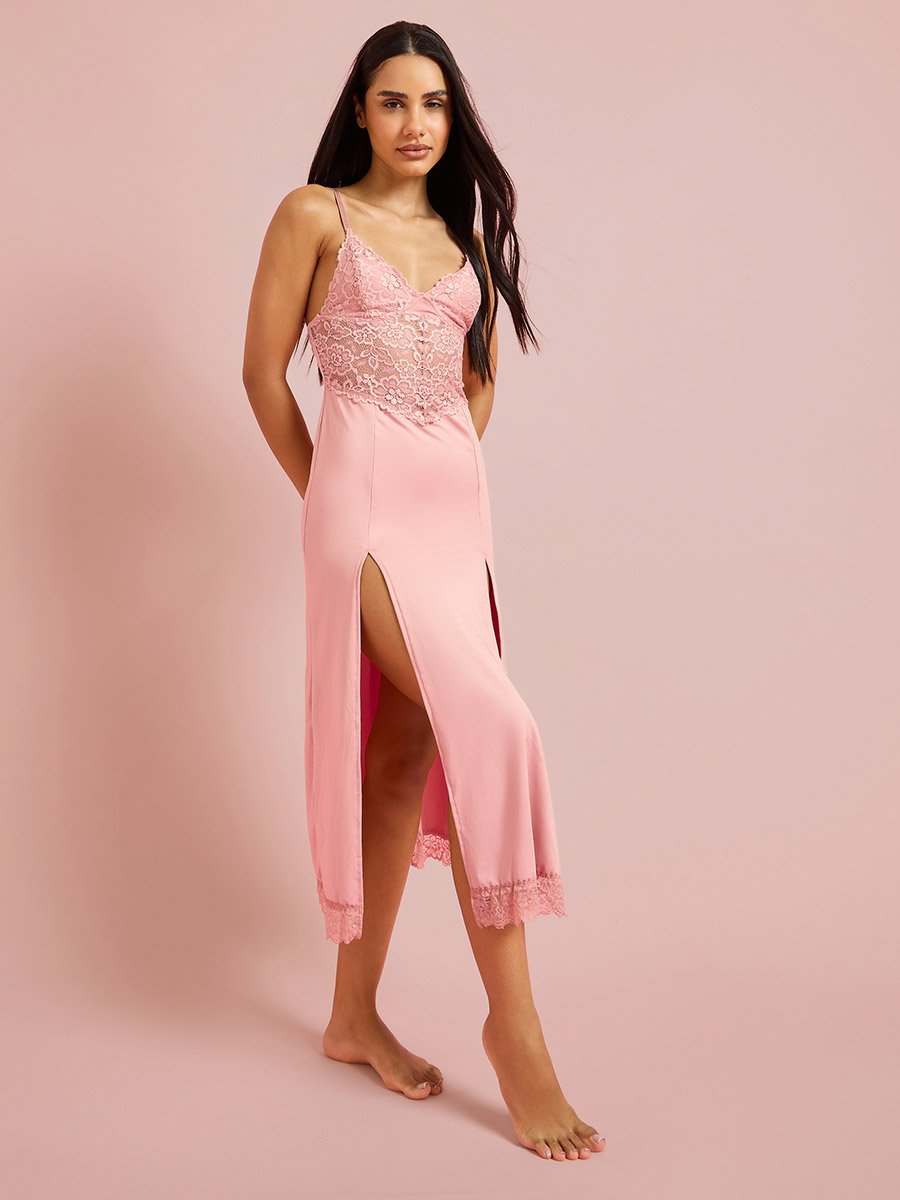 Pink Solid Floral Lace Details Midi Slip with Two Front High Slits