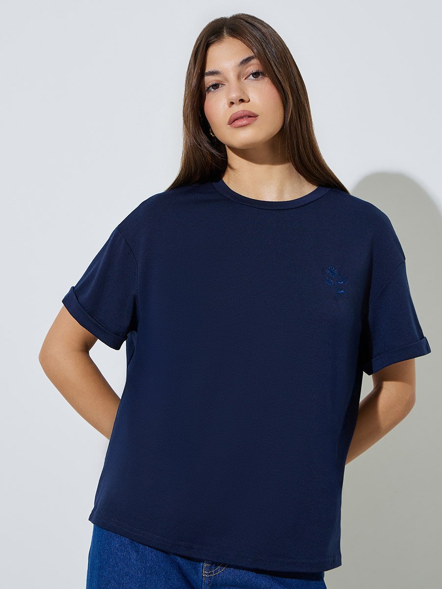Dark Blue Round Neck Embroidered Regular T-Shirt