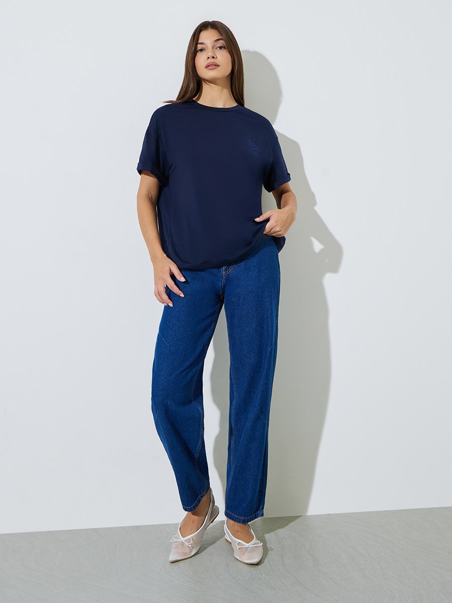 Dark Blue Round Neck Embroidered Regular T-Shirt