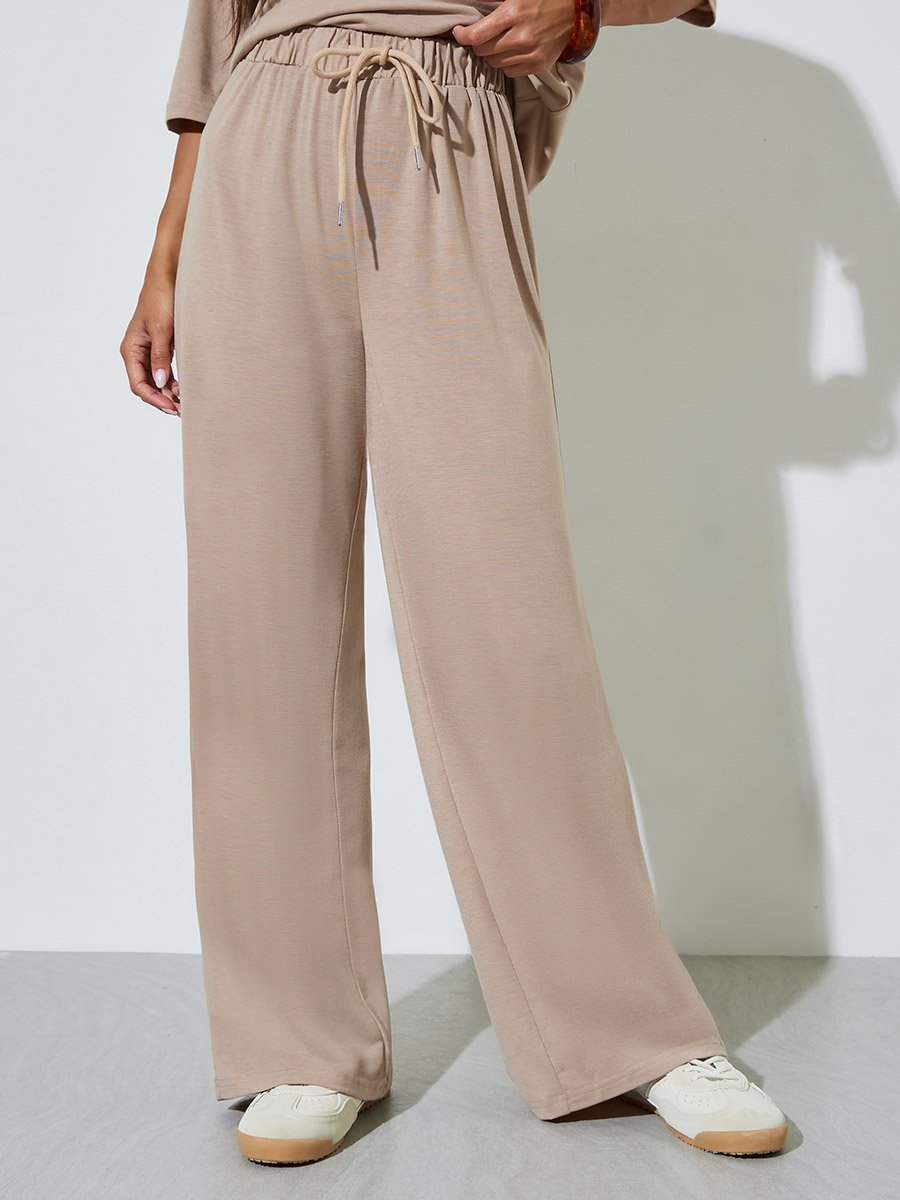 Brown Solid Oversized T-Shirt and Wide Leg Pants Set