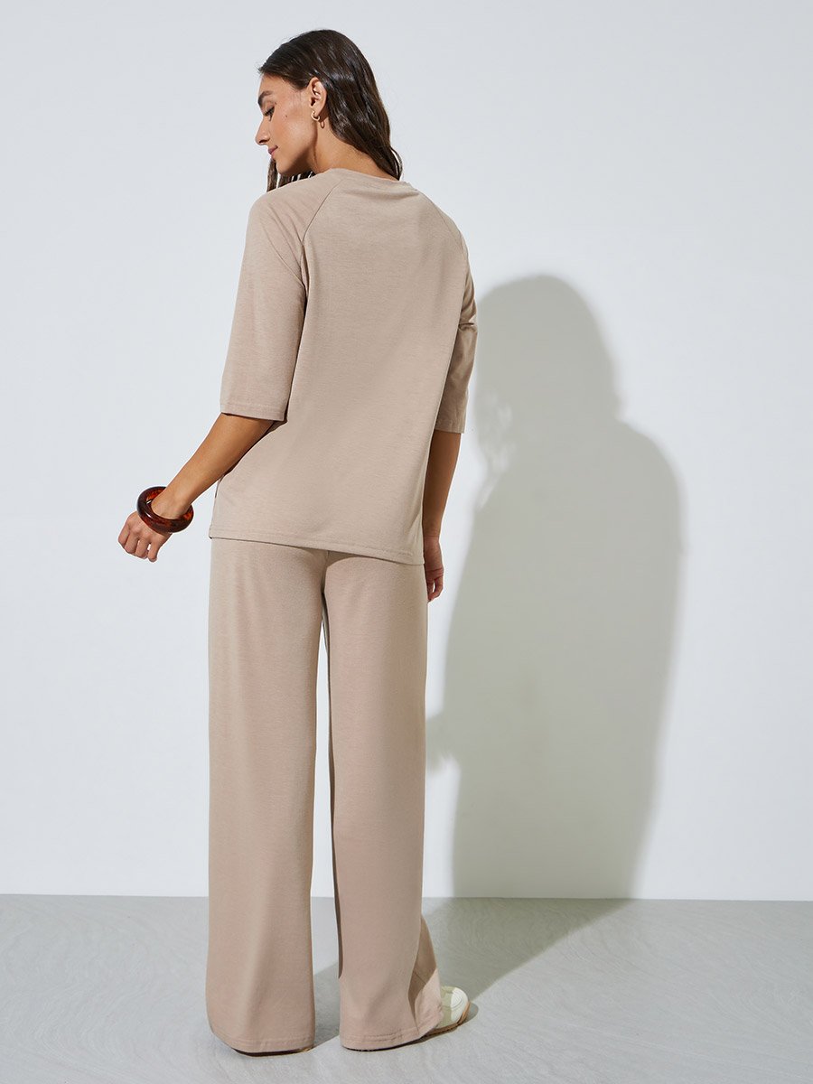 Brown Solid Oversized T-Shirt and Wide Leg Pants Set