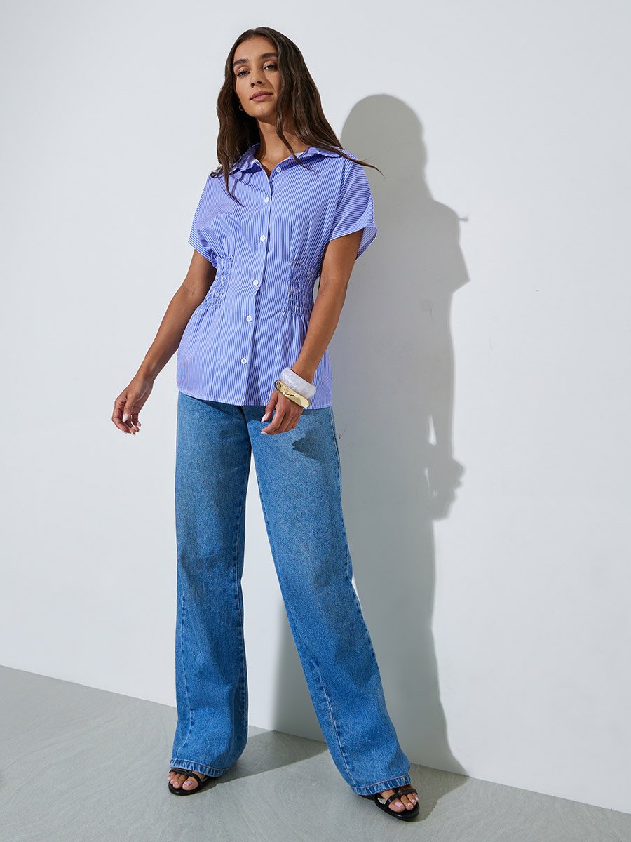 Blue Striped Ruched Waist Short Sleeves Shirt 