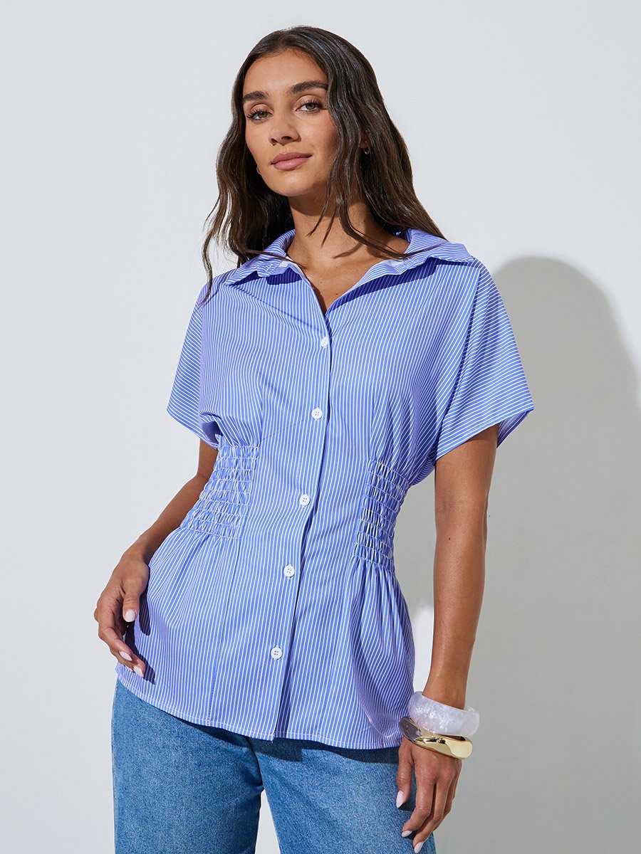 Blue Striped Ruched Waist Short Sleeves Shirt 