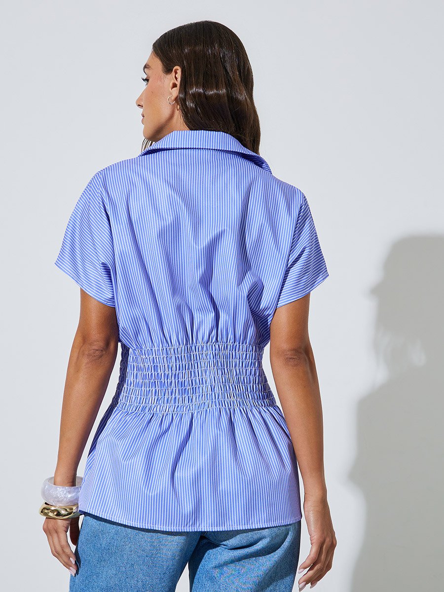 Blue Striped Ruched Waist Short Sleeves Shirt 