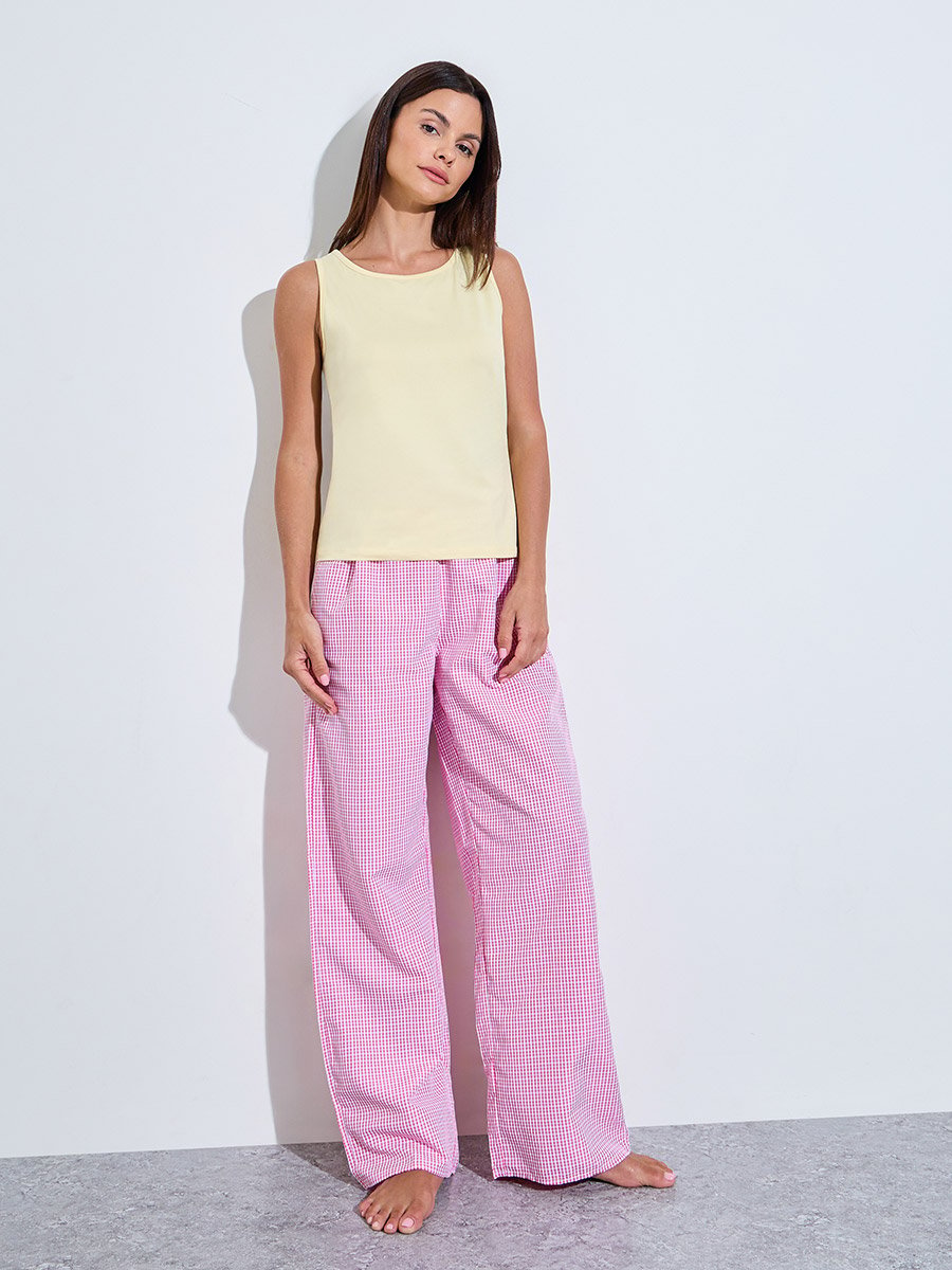 Yellow Solid Round Neck Tank and Checked Pyjama Set