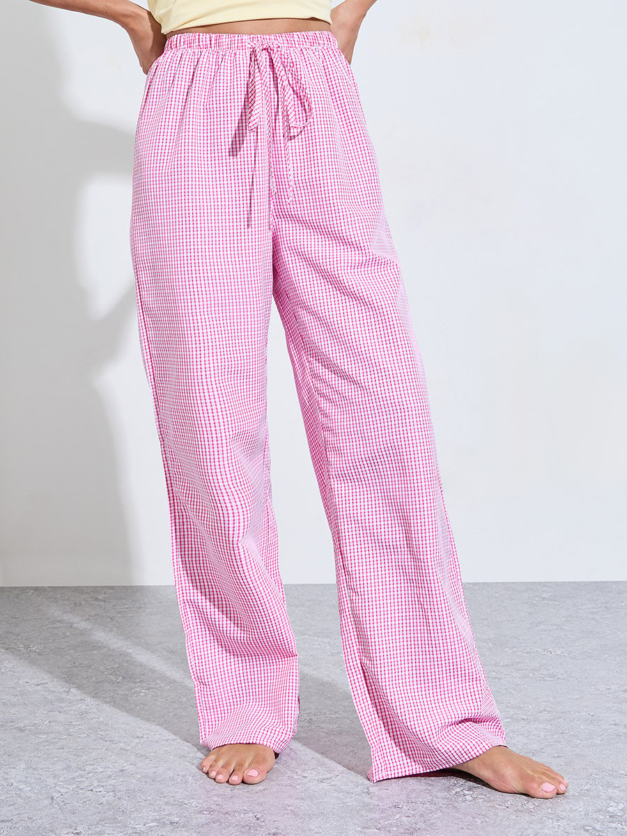 Yellow Solid Round Neck Tank and Checked Pyjama Set