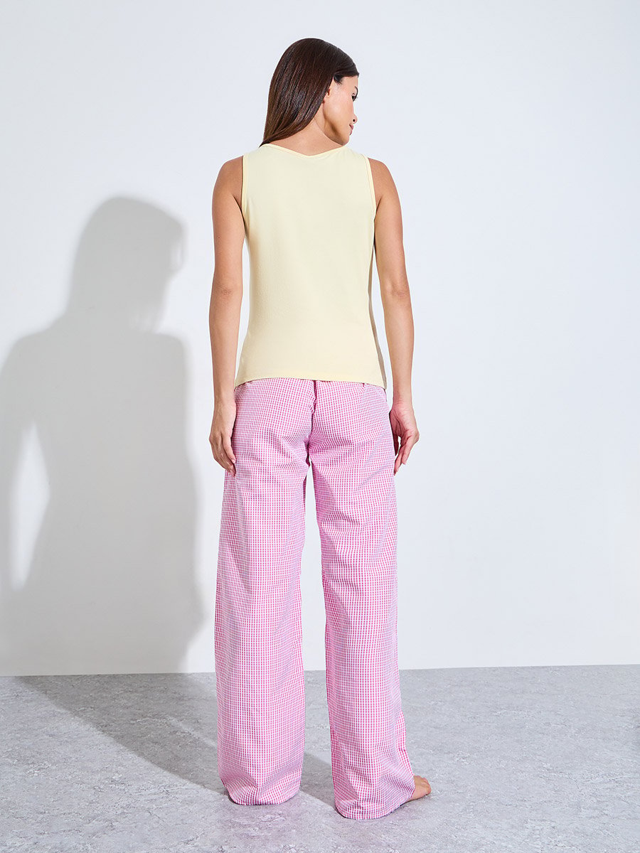 Yellow Solid Round Neck Tank and Checked Pyjama Set