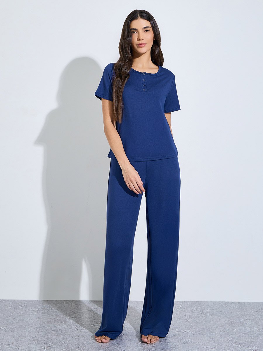 Navy Blue Henley T-Shirt and Straight Pajama Set