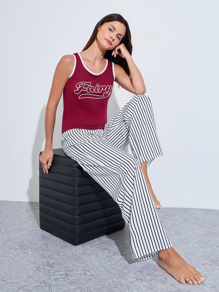 Red Printed Tank and Striped Pyjama Set