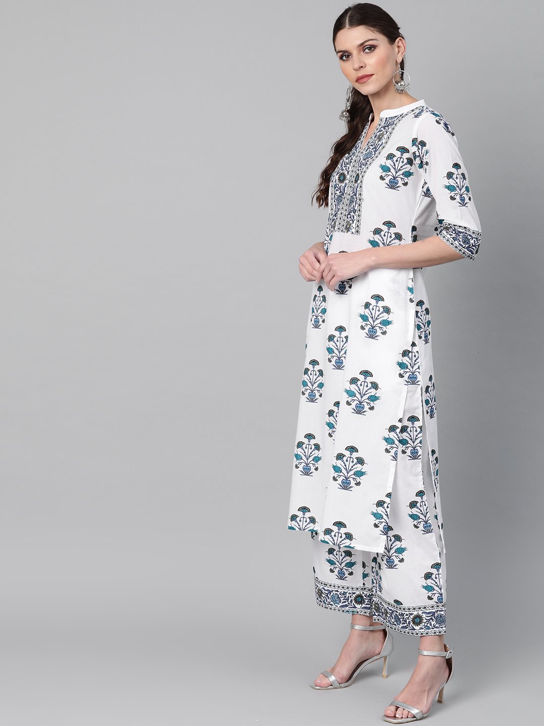 White Printed Cotton Straight Kurta with Palazzo Set