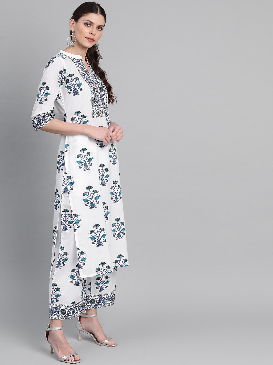 White Printed Cotton Straight Kurta with Palazzo Set