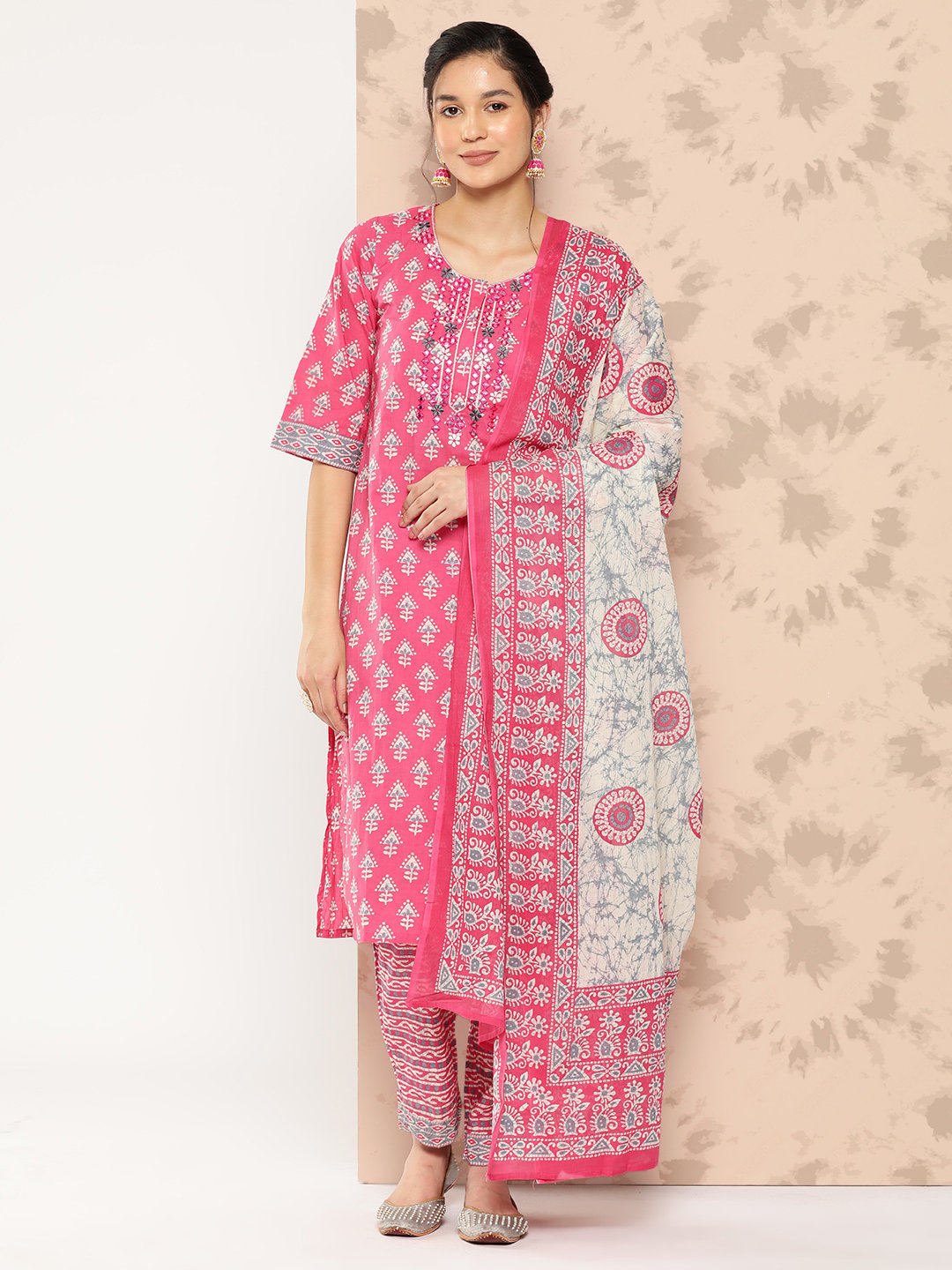 Pink Printed Cotton Straight Kurta with Trousers and Dupatta Set