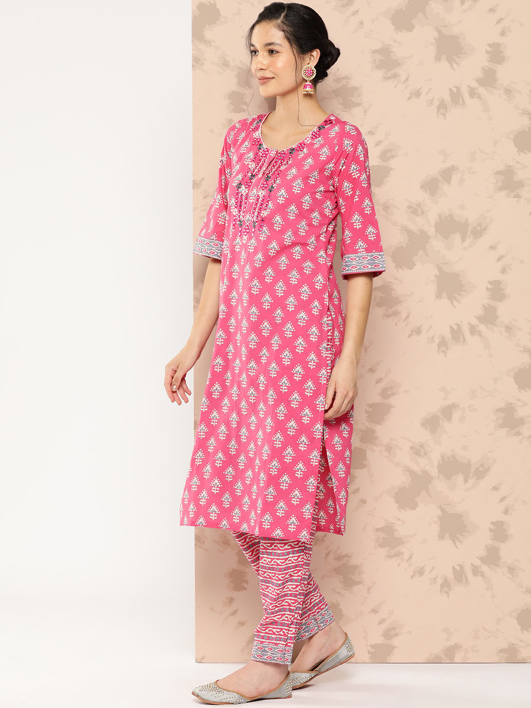 Pink Printed Cotton Straight Kurta with Trousers and Dupatta Set