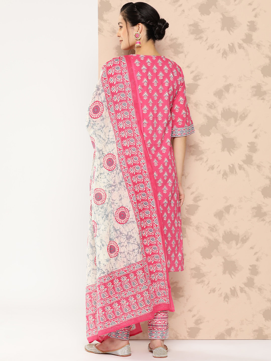 Pink Printed Cotton Straight Kurta with Trousers and Dupatta Set