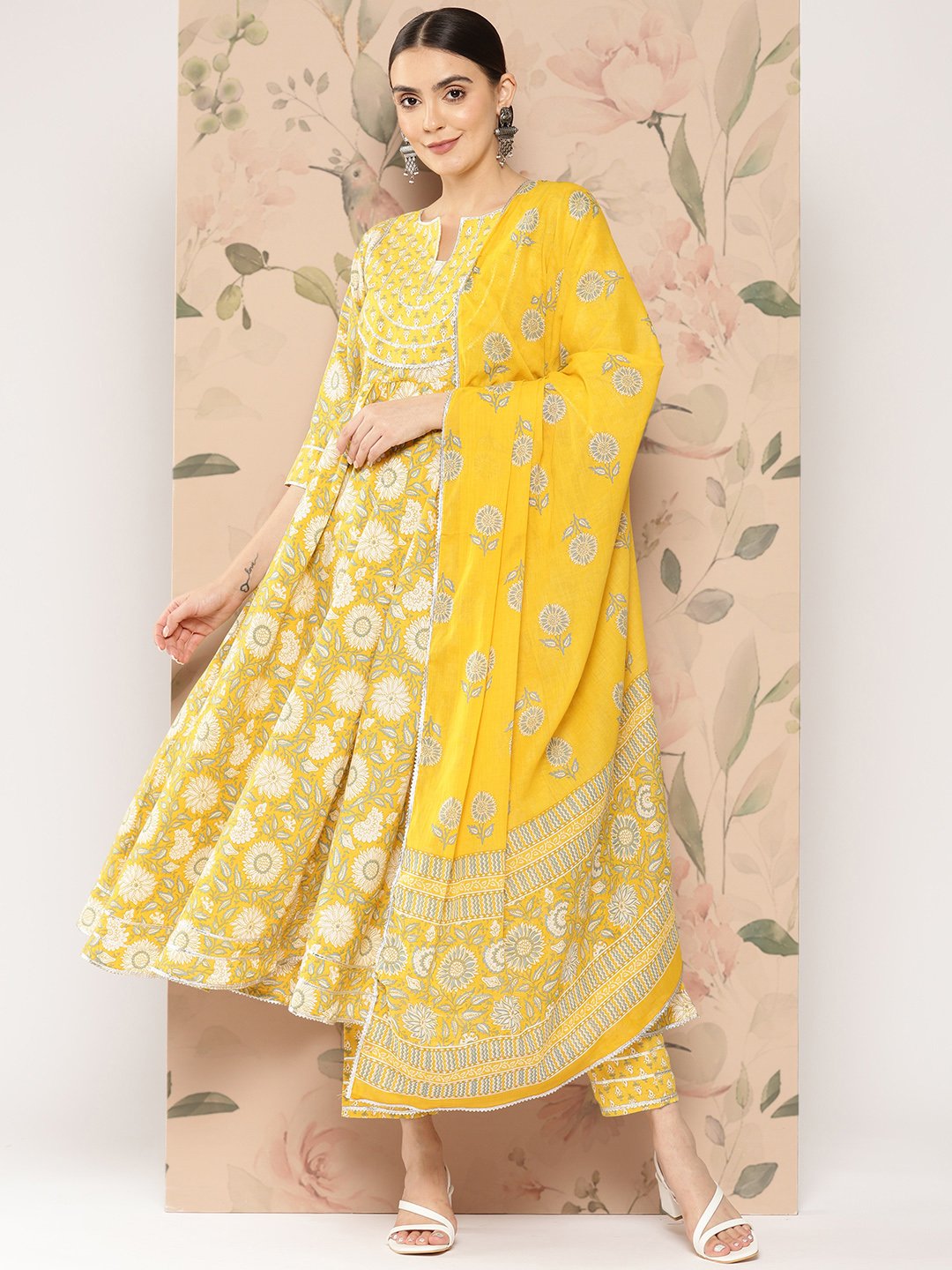 Yellow Printed Cotton Anarkali Kurta with Trousers and Dupatta Set