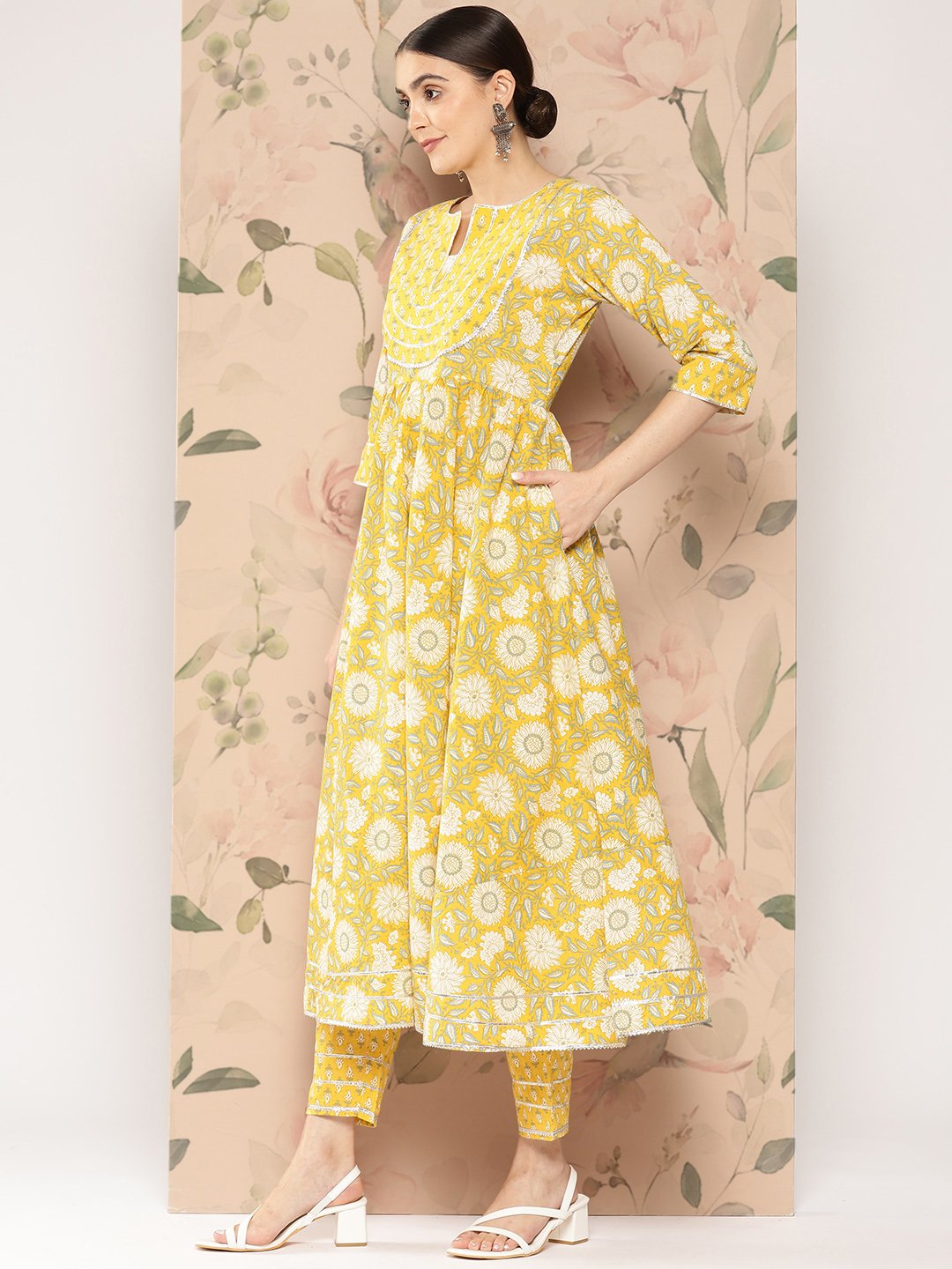 Yellow Printed Cotton Anarkali Kurta with Trousers and Dupatta Set