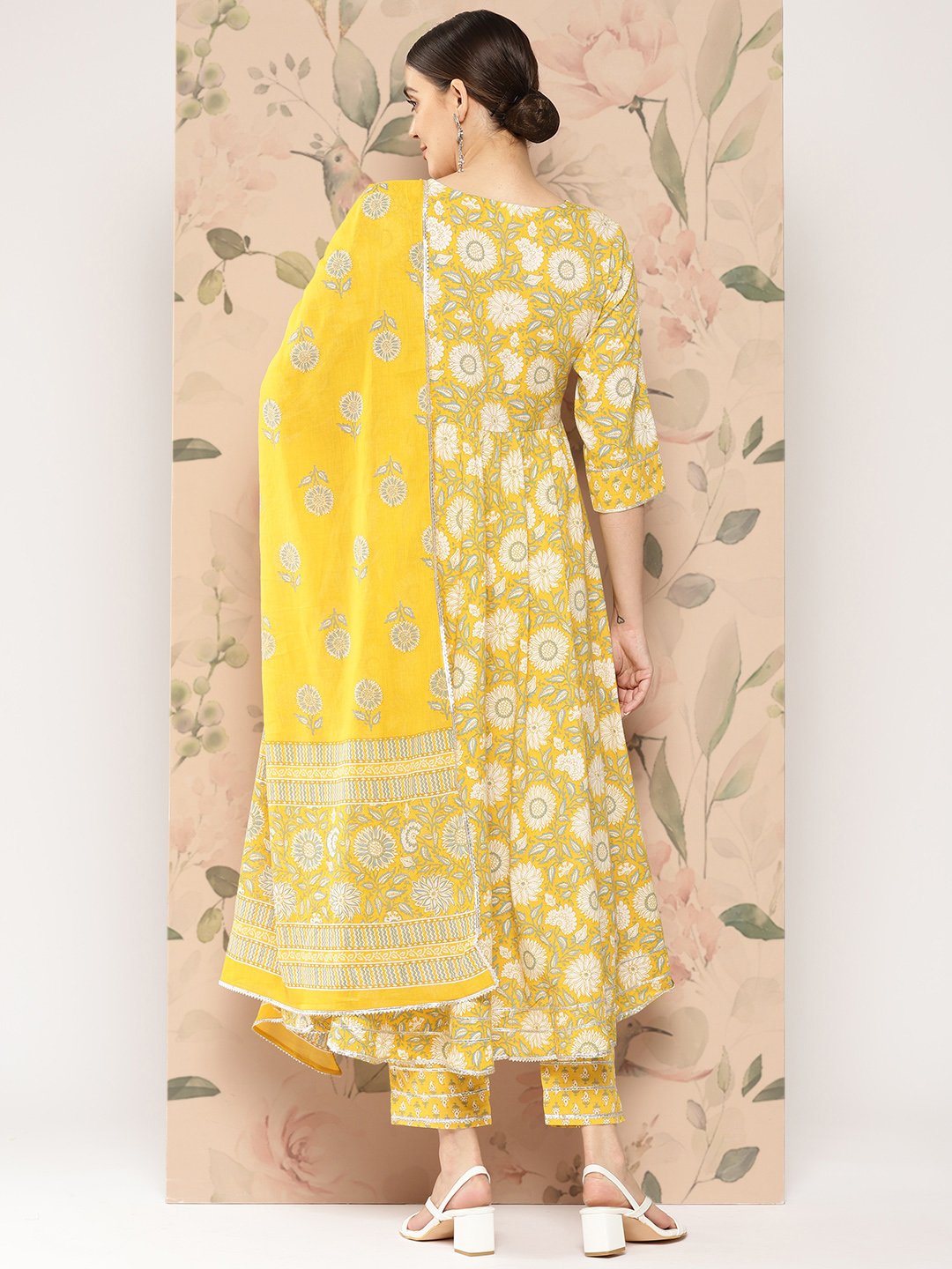 Yellow Printed Cotton Anarkali Kurta with Trousers and Dupatta Set