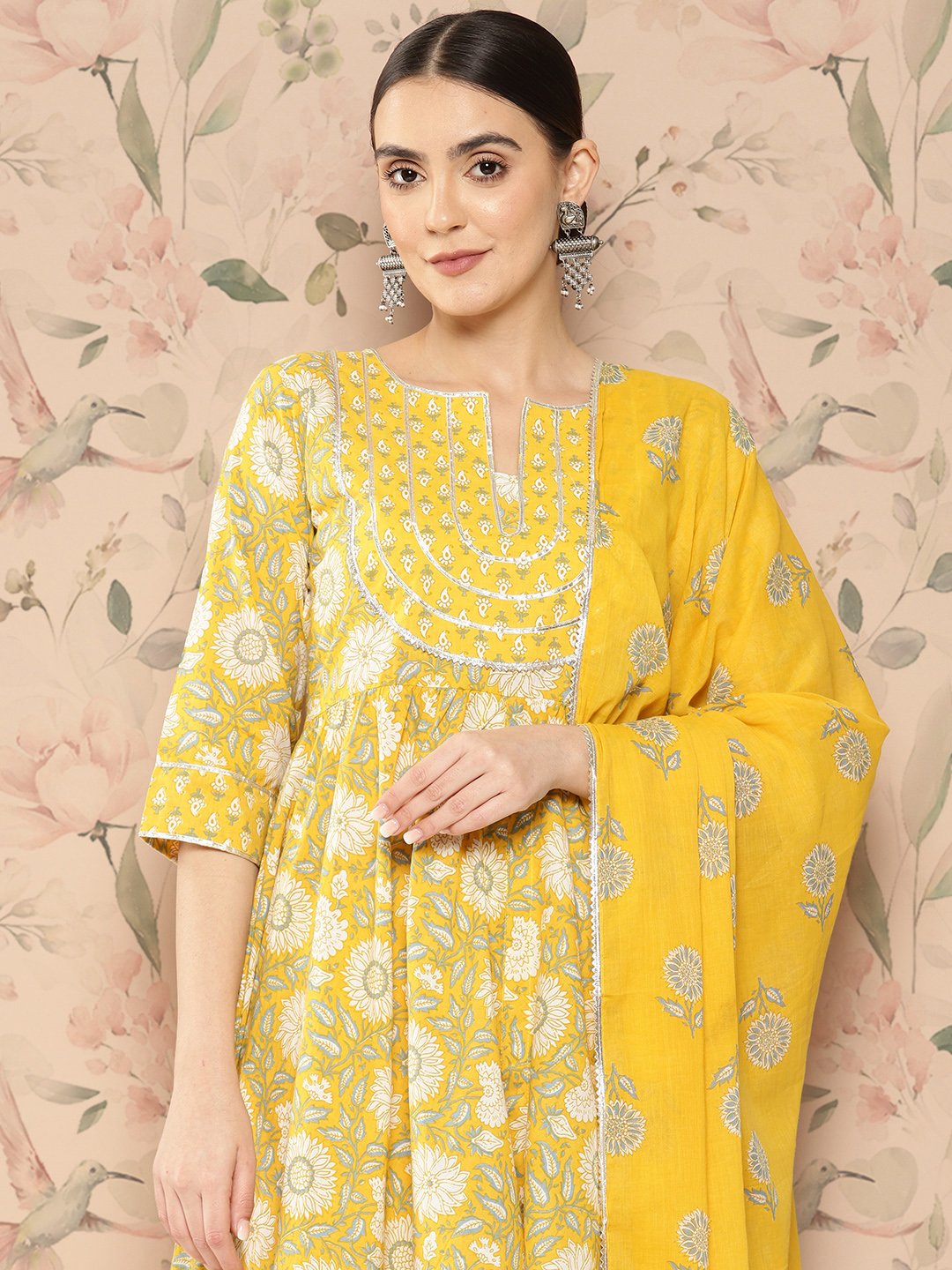 Yellow Printed Cotton Anarkali Kurta with Trousers and Dupatta Set