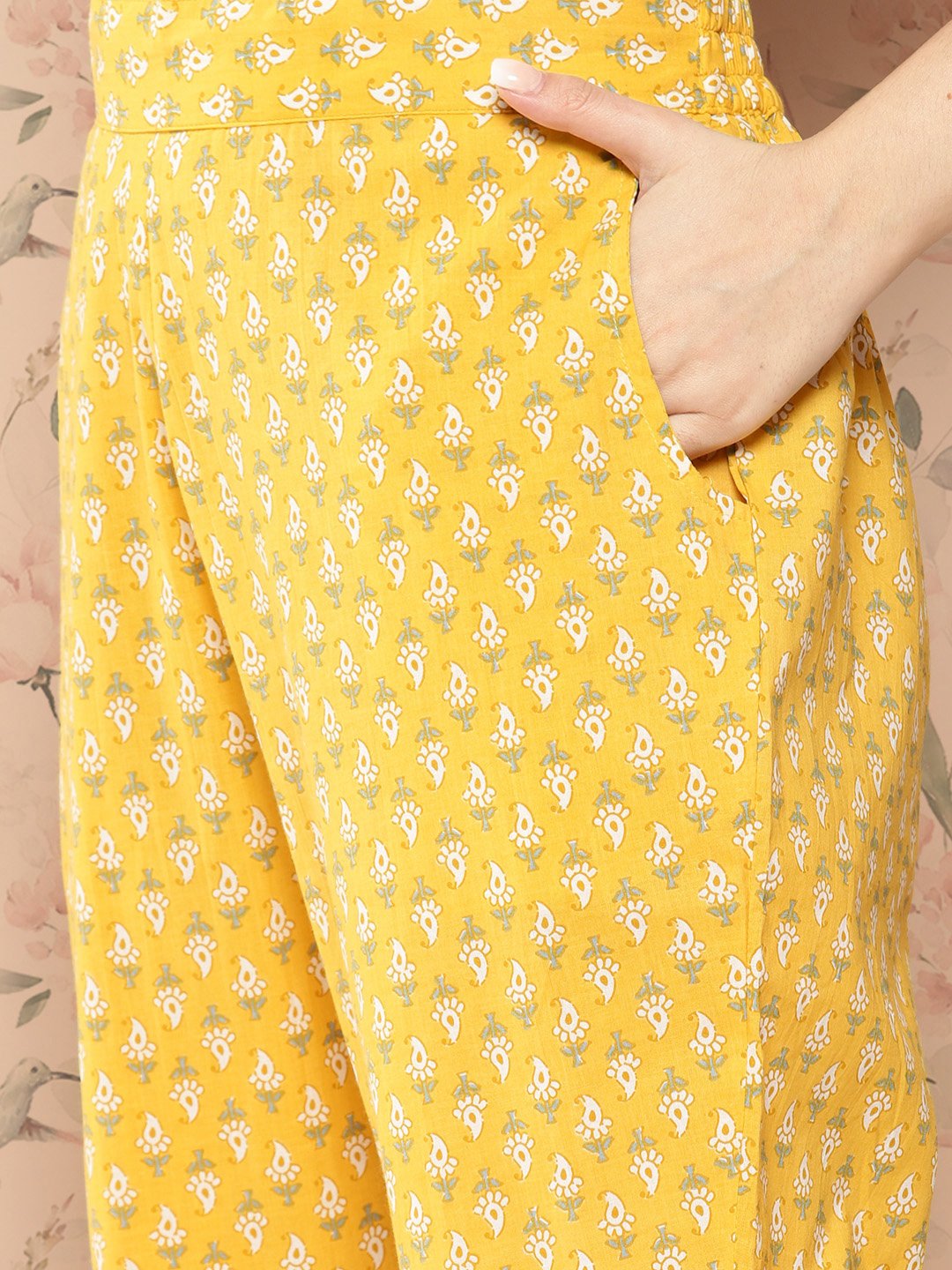 Yellow Printed Cotton Anarkali Kurta with Trousers and Dupatta Set