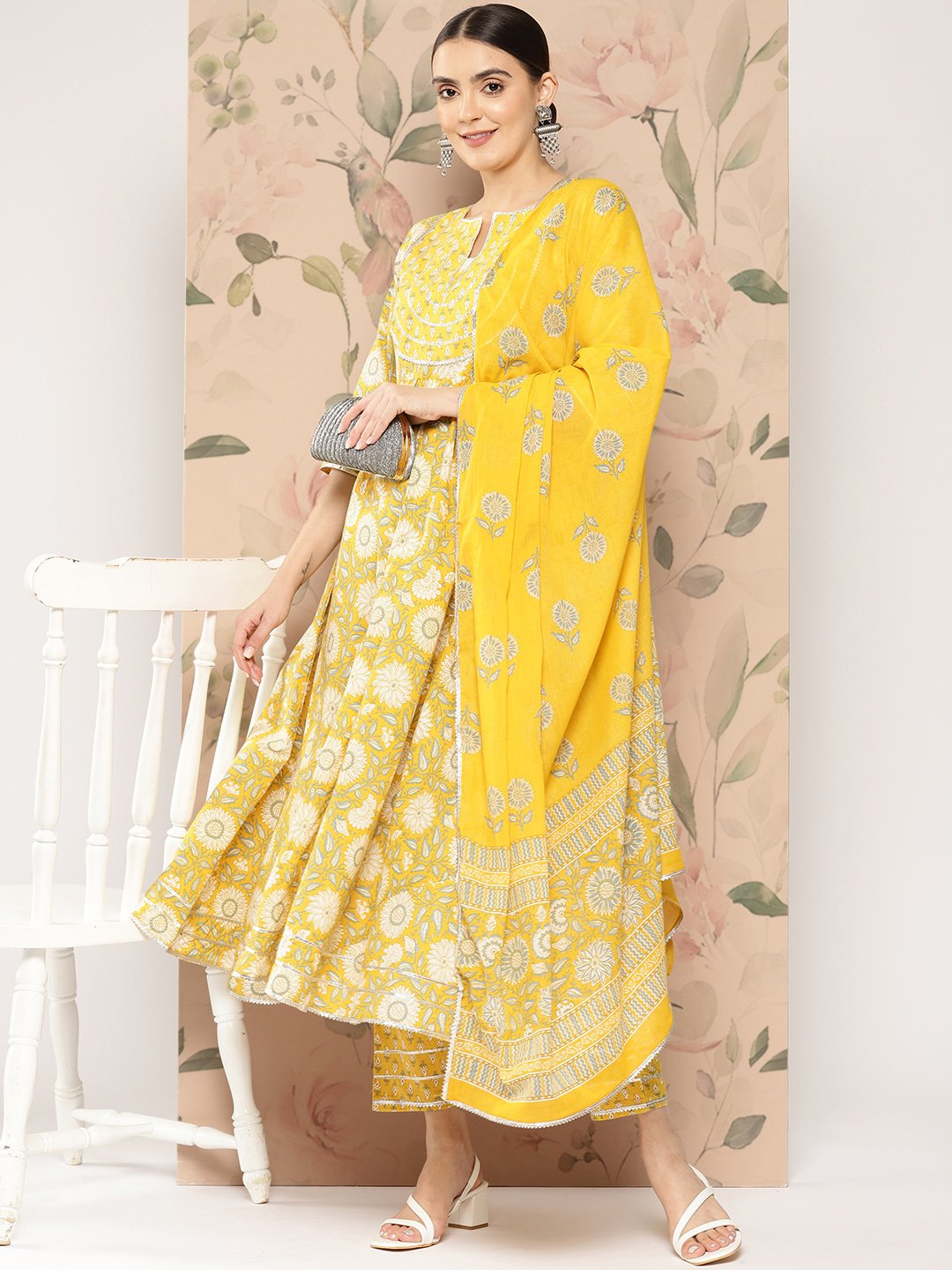 Yellow Printed Cotton Anarkali Kurta with Trousers and Dupatta Set