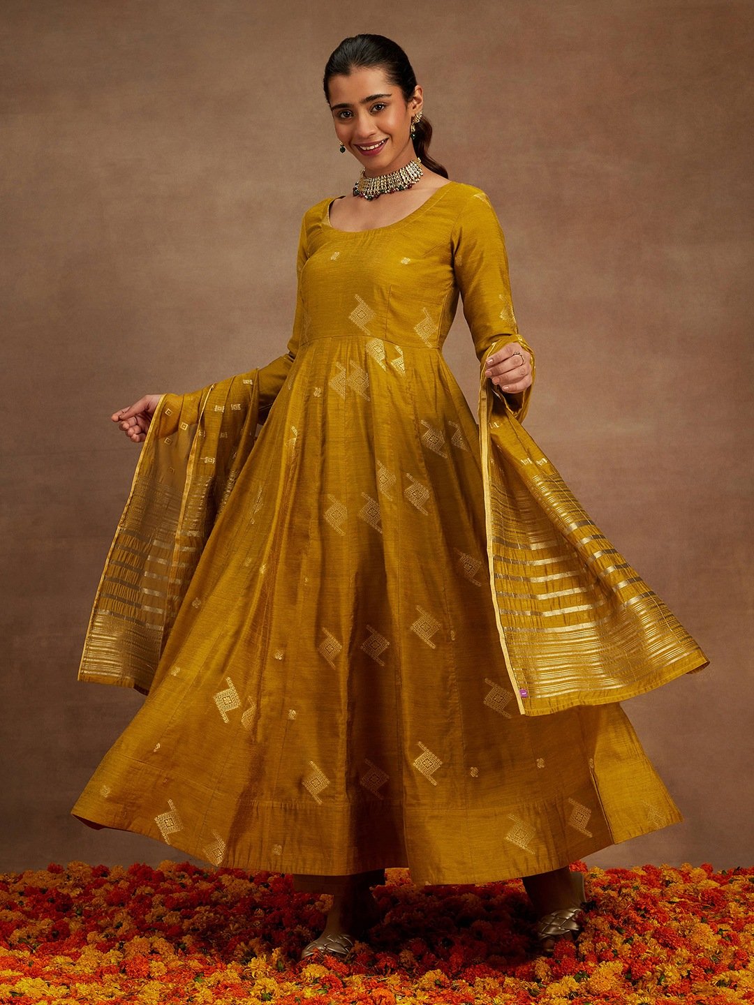 Mustard Self Design Silk Blend Anarkali Kurta with Palazzo and Dupatta Set
