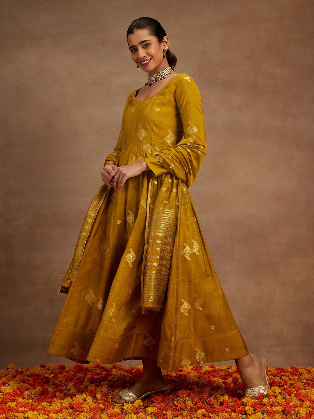 Mustard Self Design Silk Blend Anarkali Kurta with Palazzo and Dupatta Set