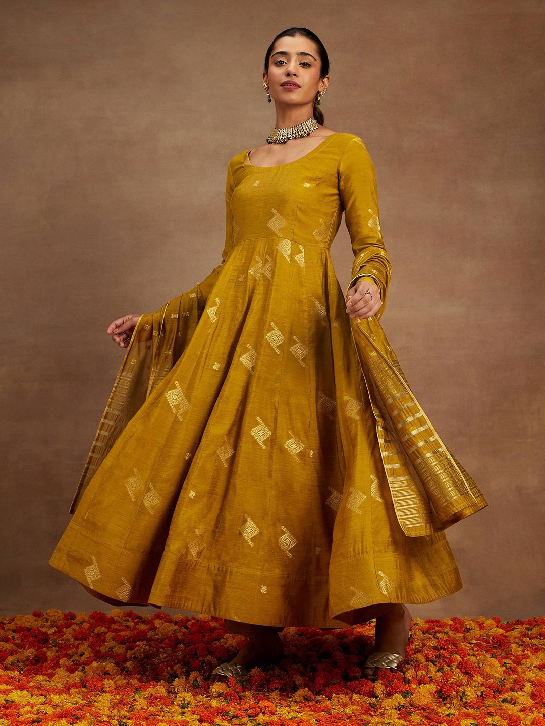 Mustard Self Design Silk Blend Anarkali Kurta with Palazzo and Dupatta Set