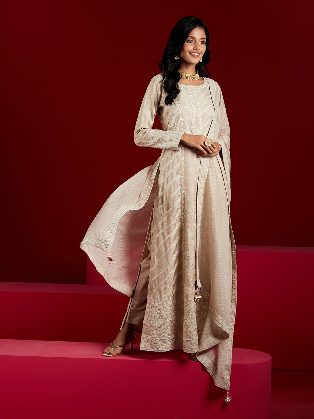 Taupe Embroidered Silk A-Line Kurta with Trousers and Dupatta Set