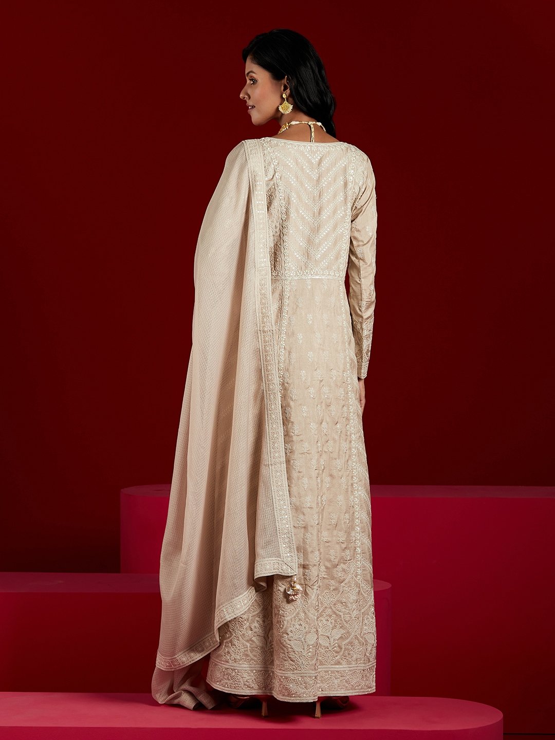 Taupe Embroidered Silk A-Line Kurta with Trousers and Dupatta Set