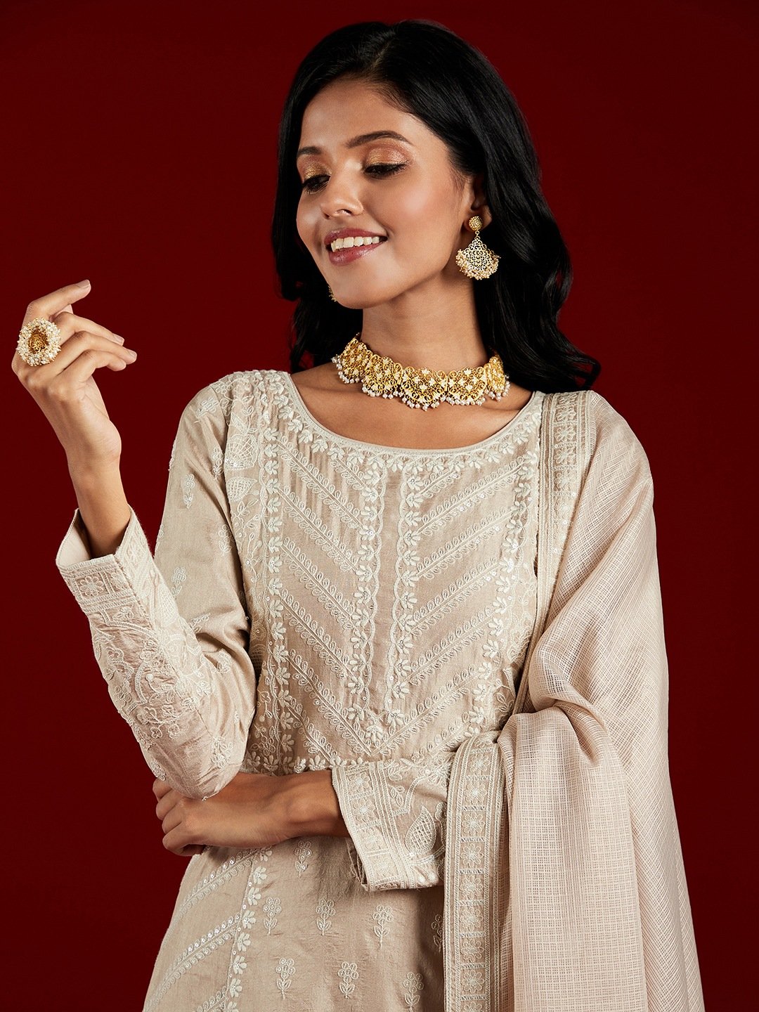 Taupe Embroidered Silk A-Line Kurta with Trousers and Dupatta Set