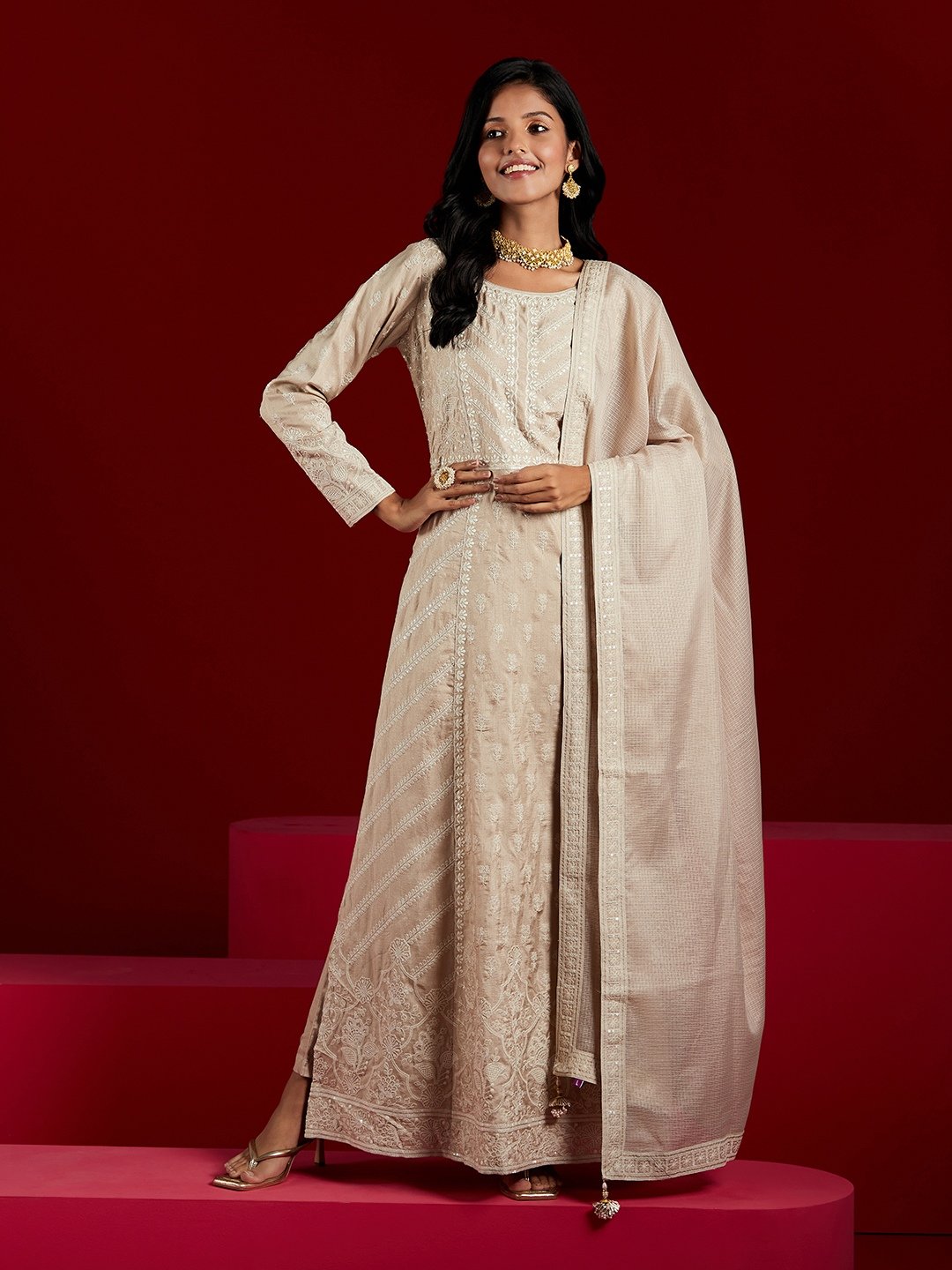 Taupe Embroidered Silk A-Line Kurta with Trousers and Dupatta Set