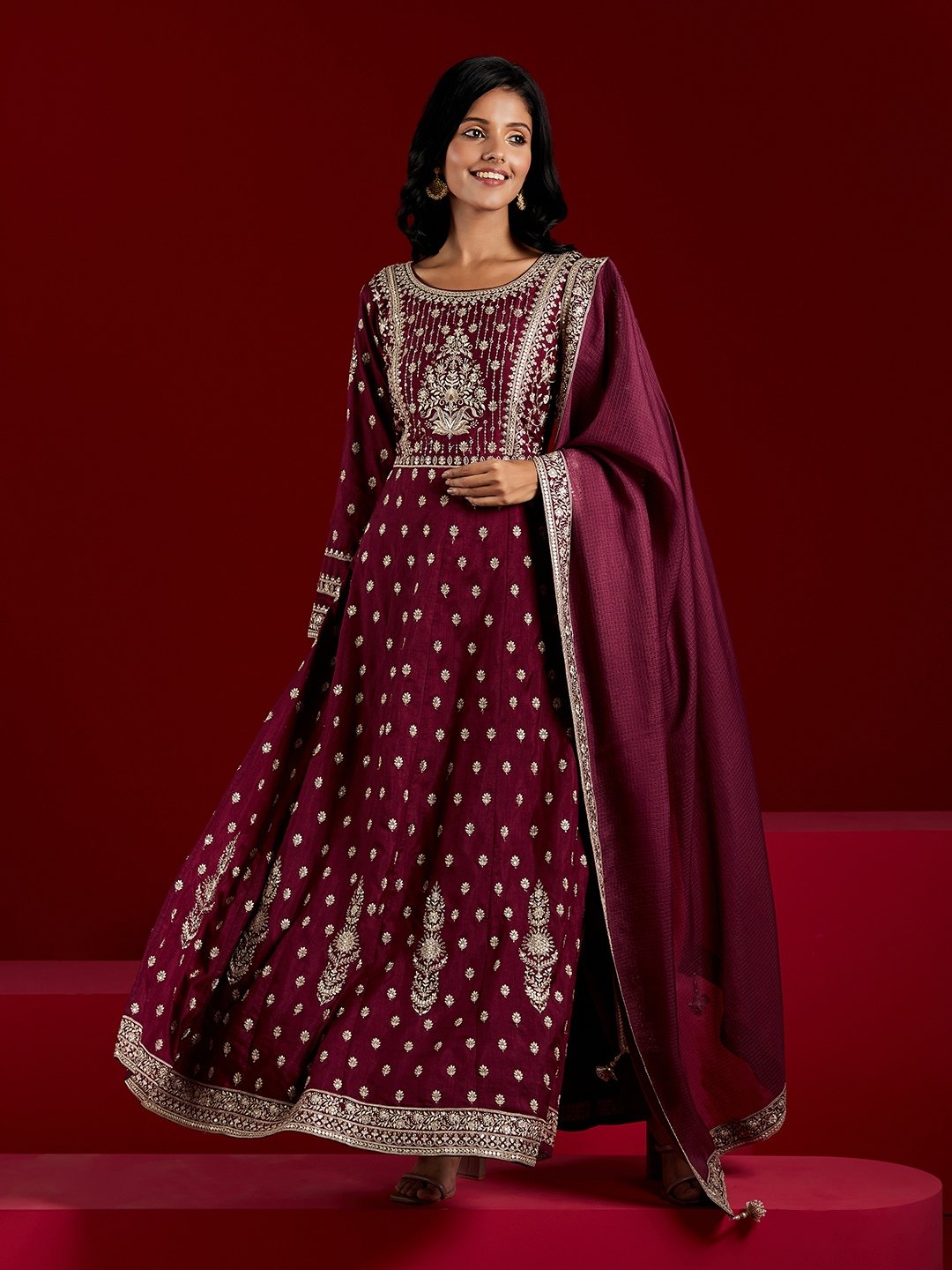 Burgundy Embroidered Silk A-Line Kurta with Trousers and Dupatta Set