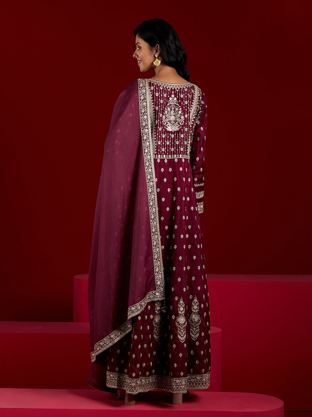 Burgundy Embroidered Silk A-Line Kurta with Trousers and Dupatta Set
