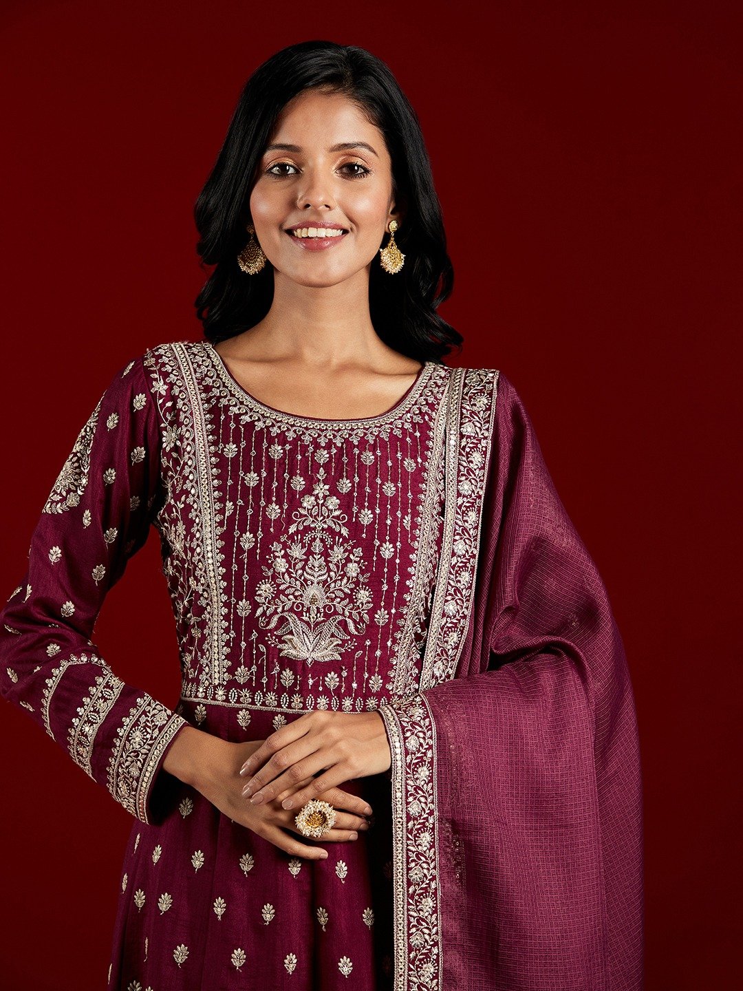 Burgundy Embroidered Silk A-Line Kurta with Trousers and Dupatta Set