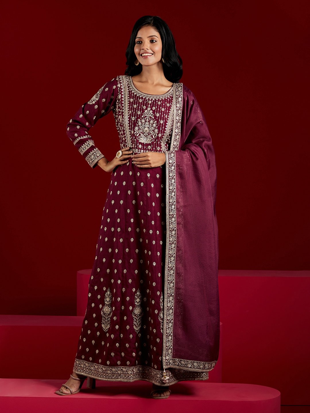 Burgundy Embroidered Silk A-Line Kurta with Trousers and Dupatta Set