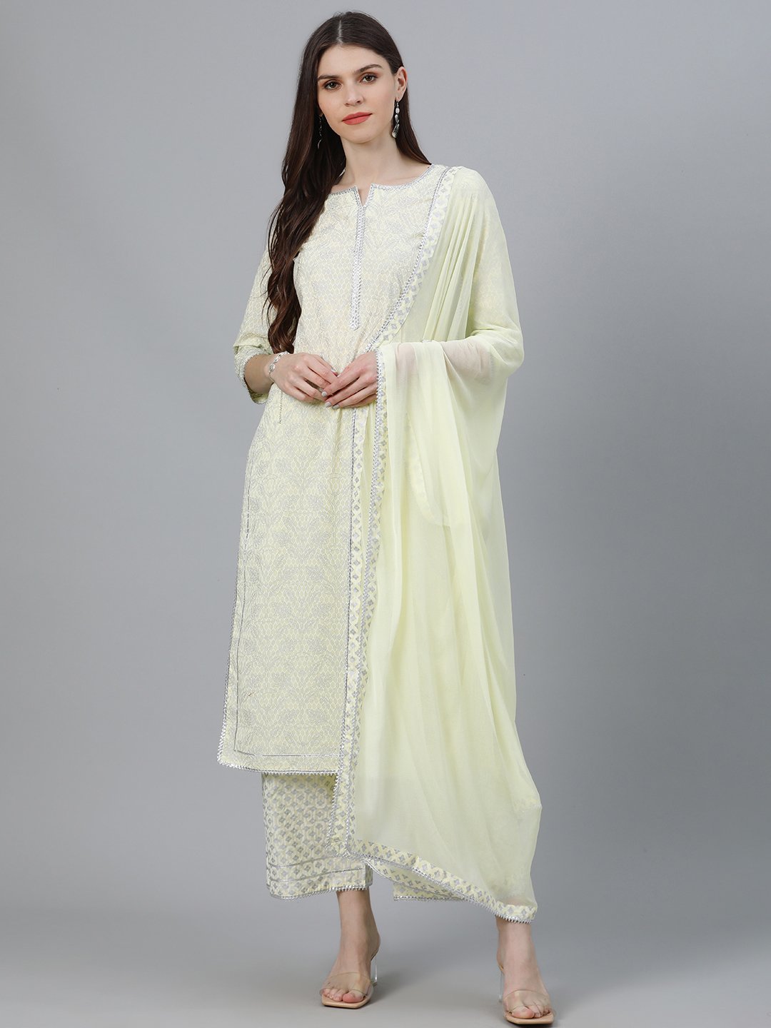 Yellow Printed Rayon Straight Kurta with Palazzo and Dupatta Set