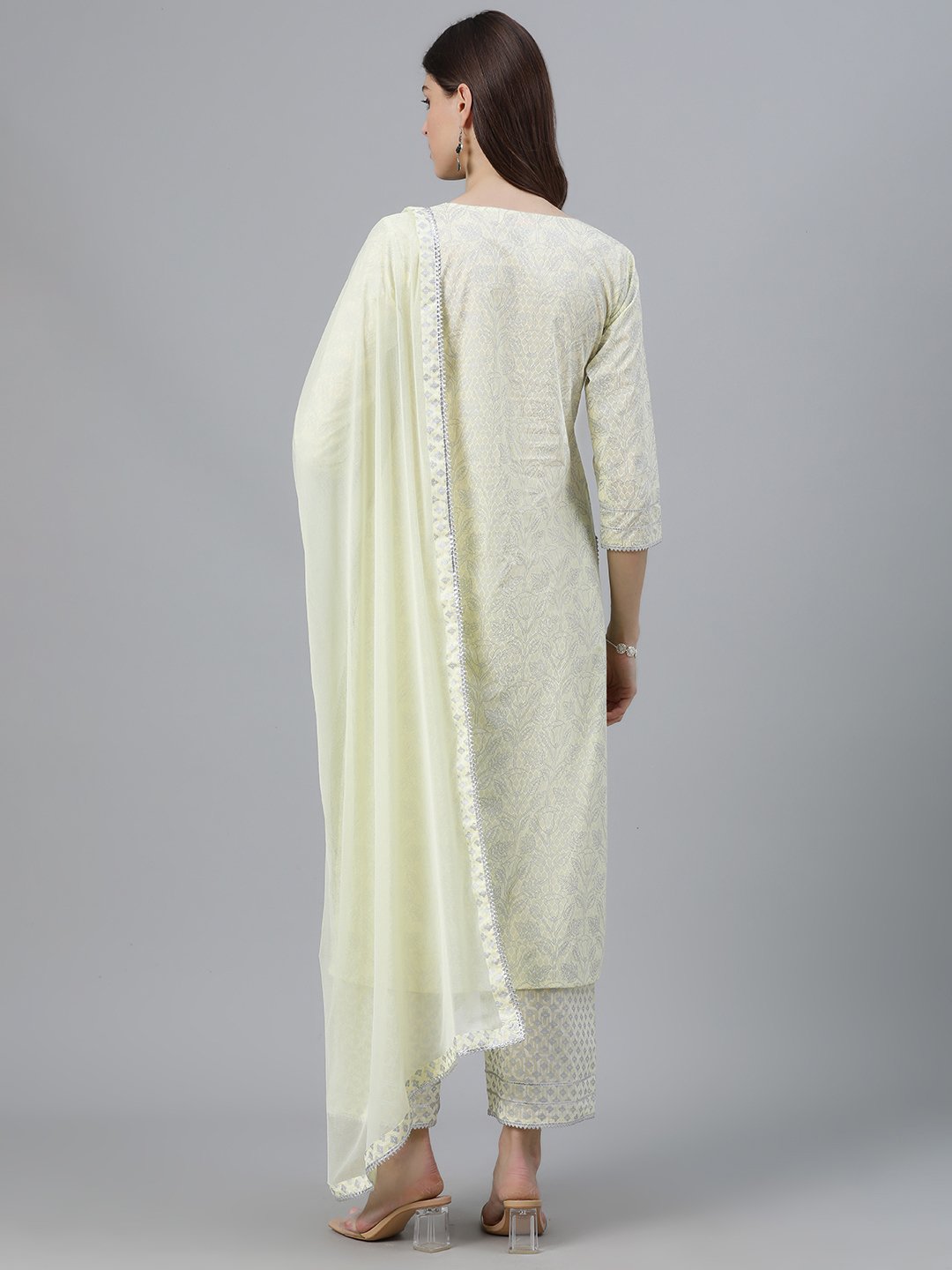 Yellow Printed Rayon Straight Kurta with Palazzo and Dupatta Set