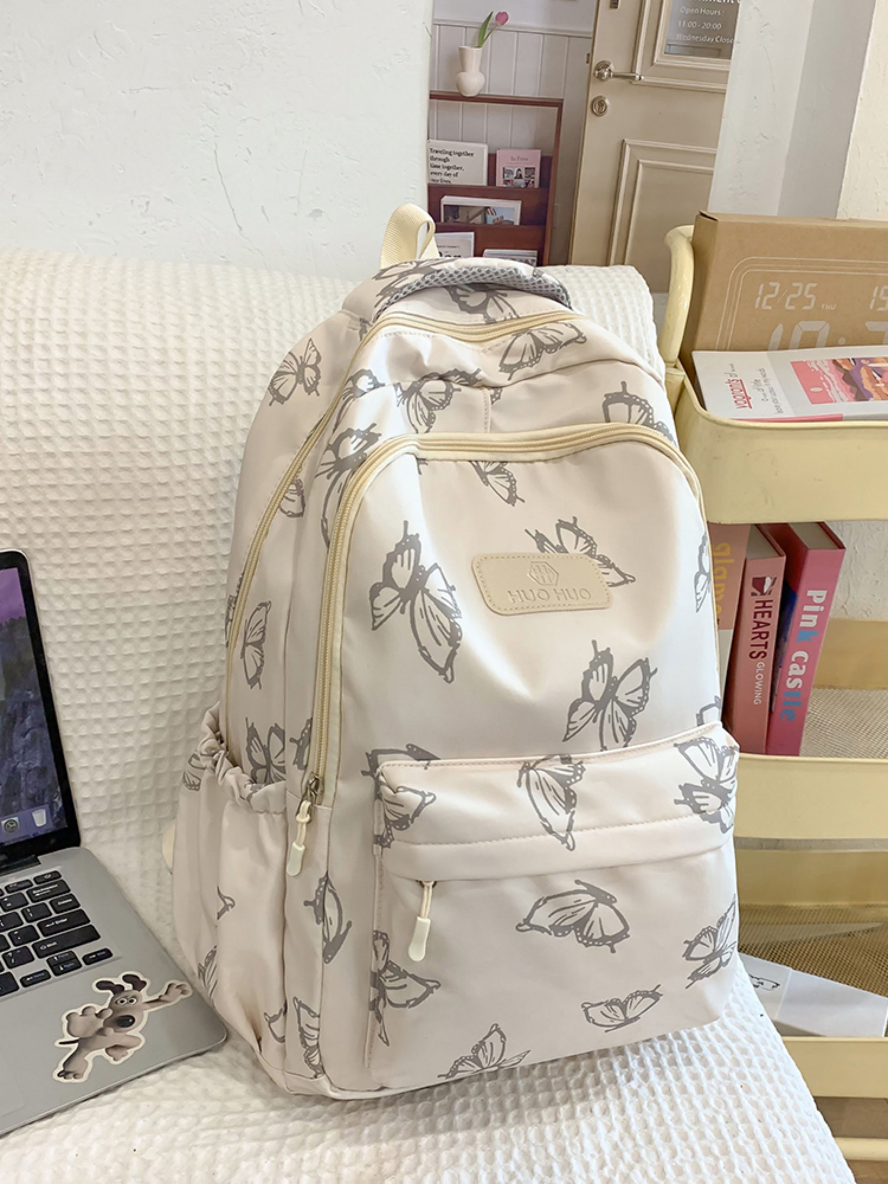 White Butterfly Print Backpack
