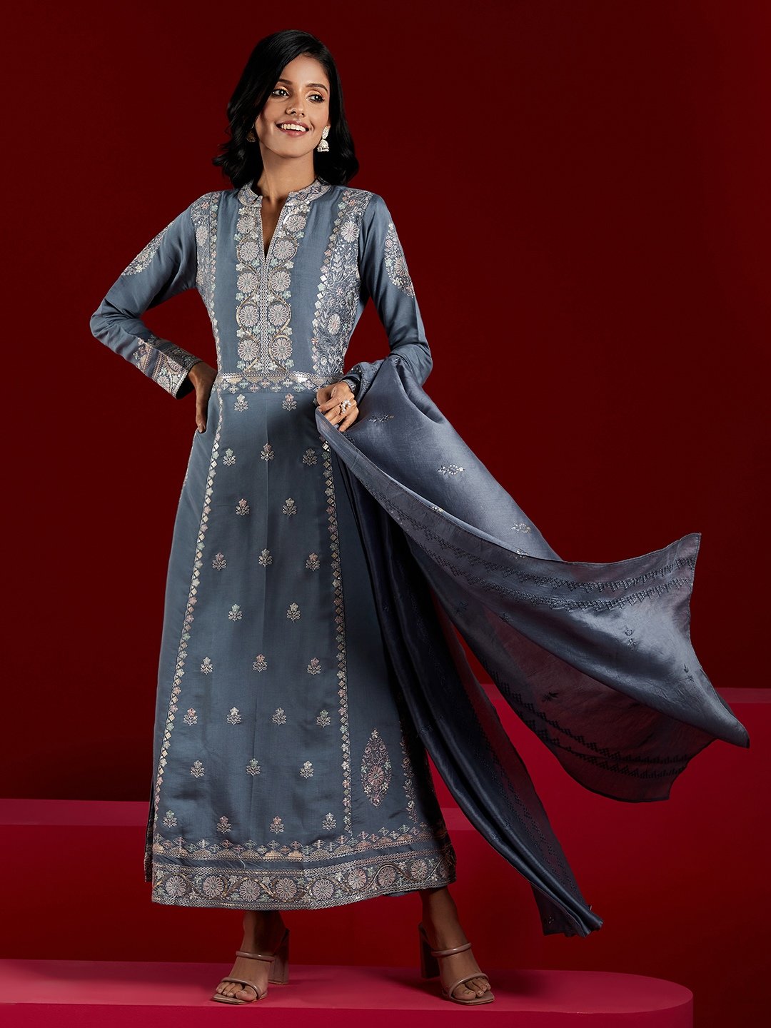 Grey Embroidered Silk Blend A-Line Kurta with Trousers and Dupatta Set
