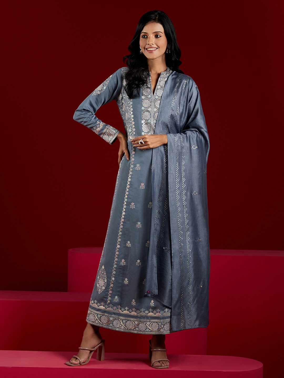 Grey Embroidered Silk Blend A-Line Kurta with Trousers and Dupatta Set