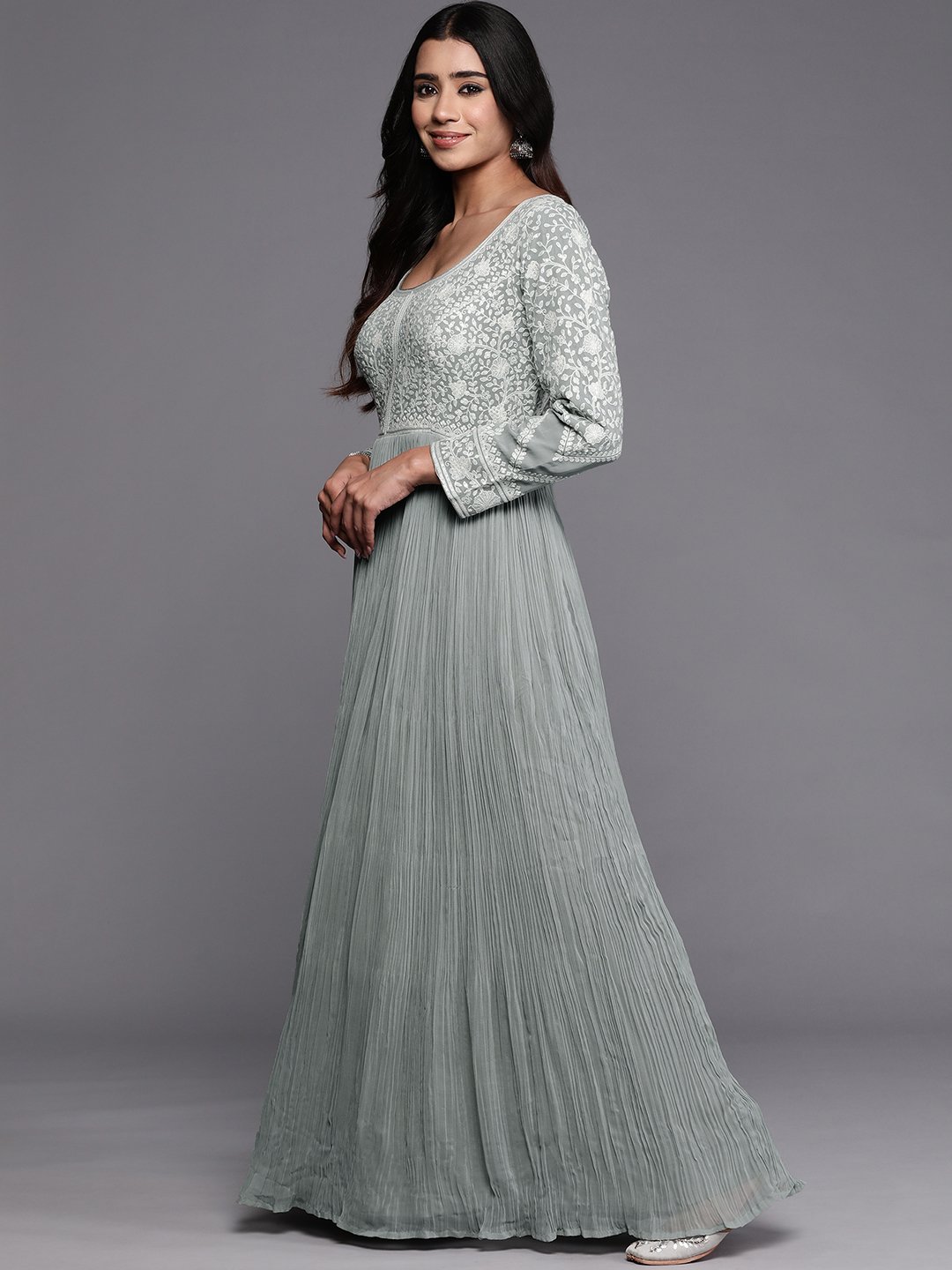 Green Embroidered Georgette Anarkali Kurta with Trousers and Dupatta Set