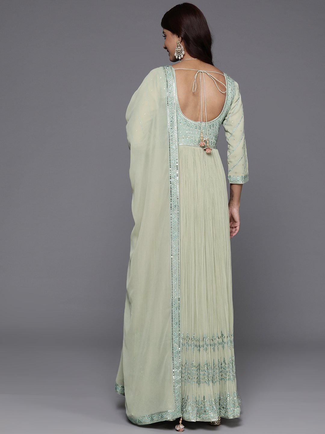 Green Embroidered Georgette Anarkali Kurta with Trousers and Dupatta Set