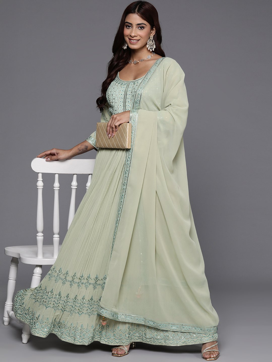 Green Embroidered Georgette Anarkali Kurta with Trousers and Dupatta Set