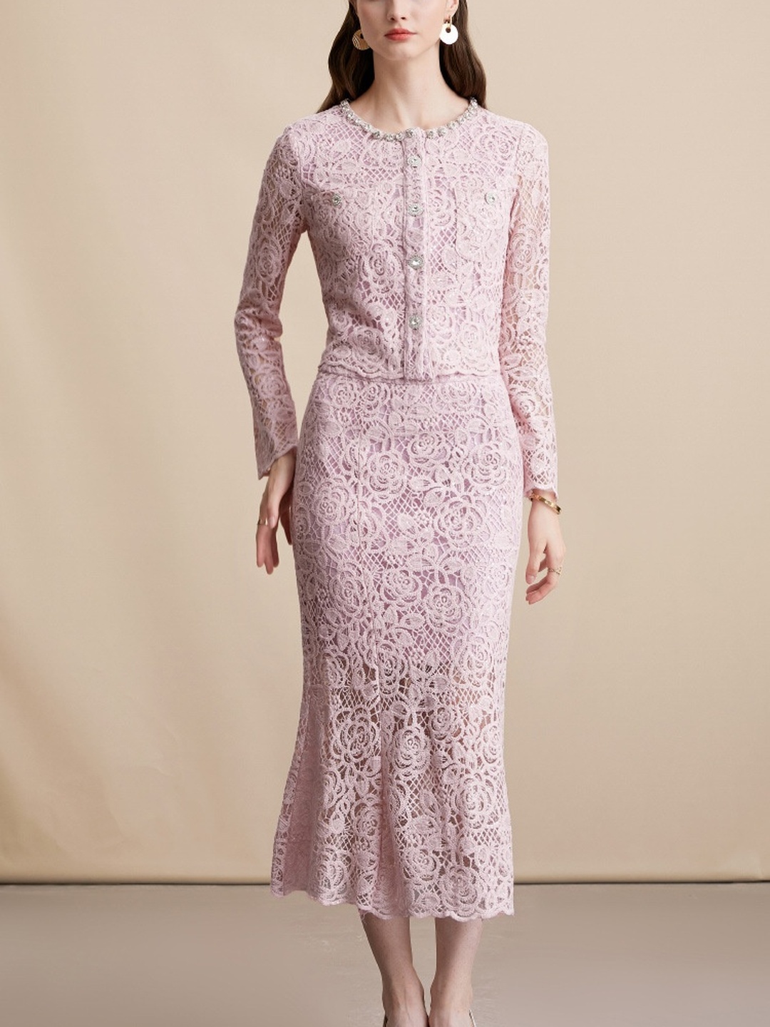 Pink Lace Midi Dress and Diamond-Encrusted Cardigan