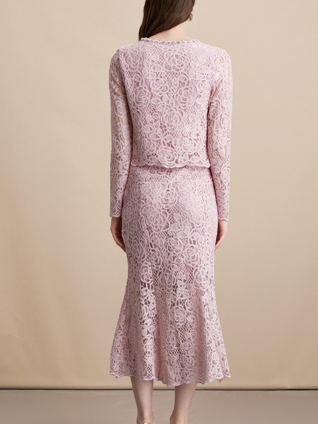 Pink Lace Midi Dress and Diamond-Encrusted Cardigan