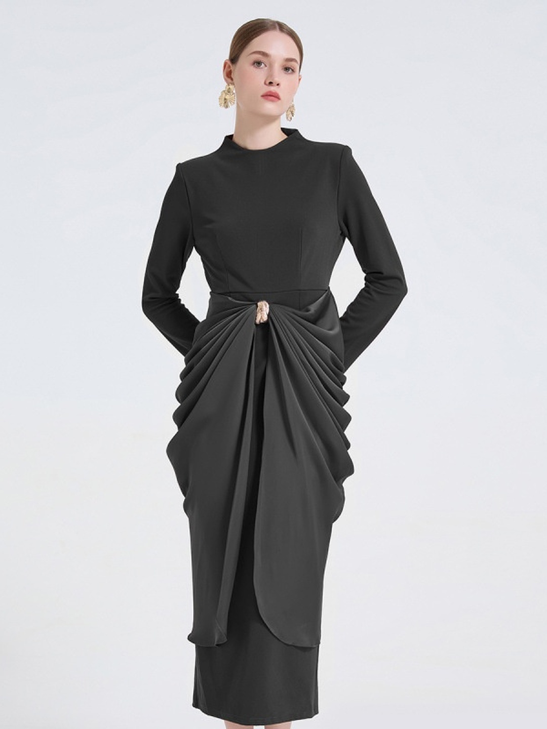 Black Metal Draped Detail Sheath Midi Dress