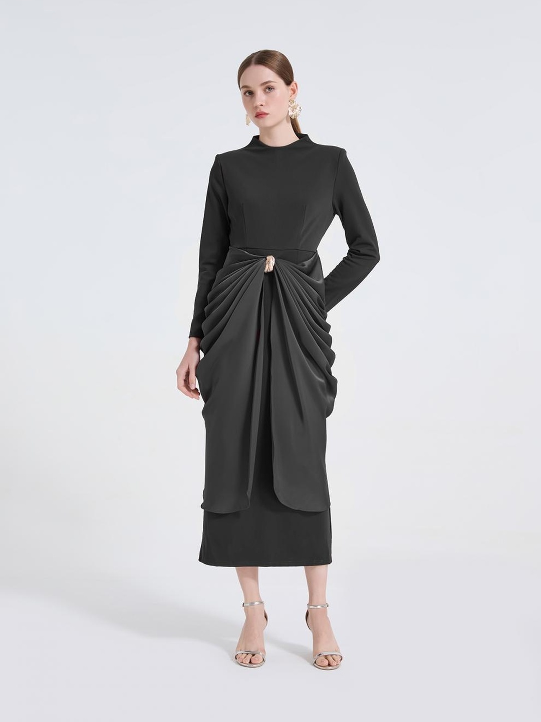 Black Metal Draped Detail Sheath Midi Dress